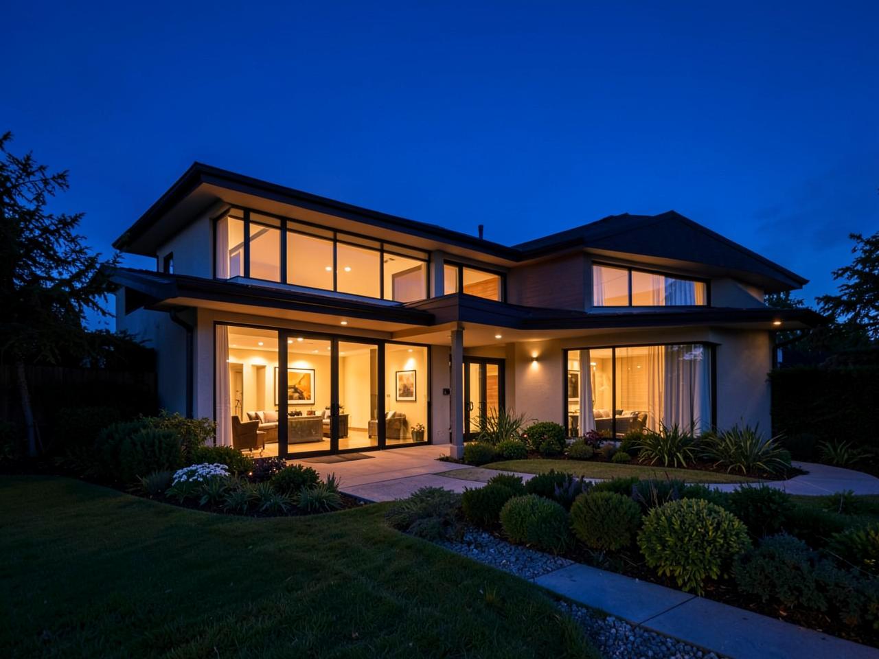 Contemporary home photographed at twilight