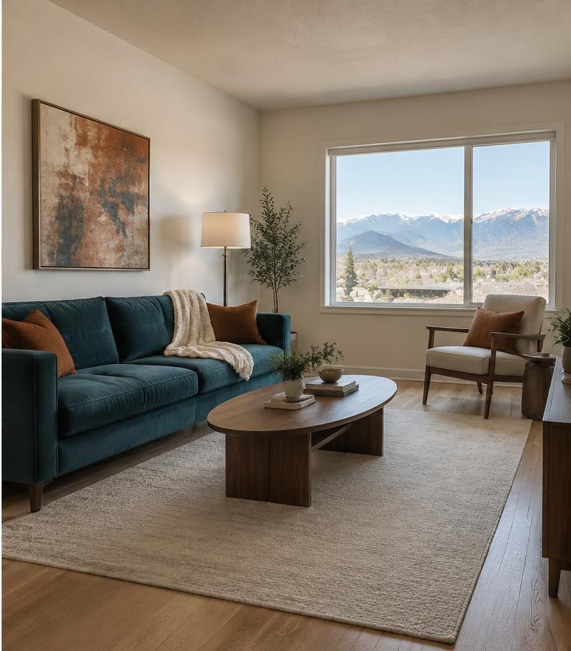 Illustrative composed living room photograph showing the whole room and mountain-facing window